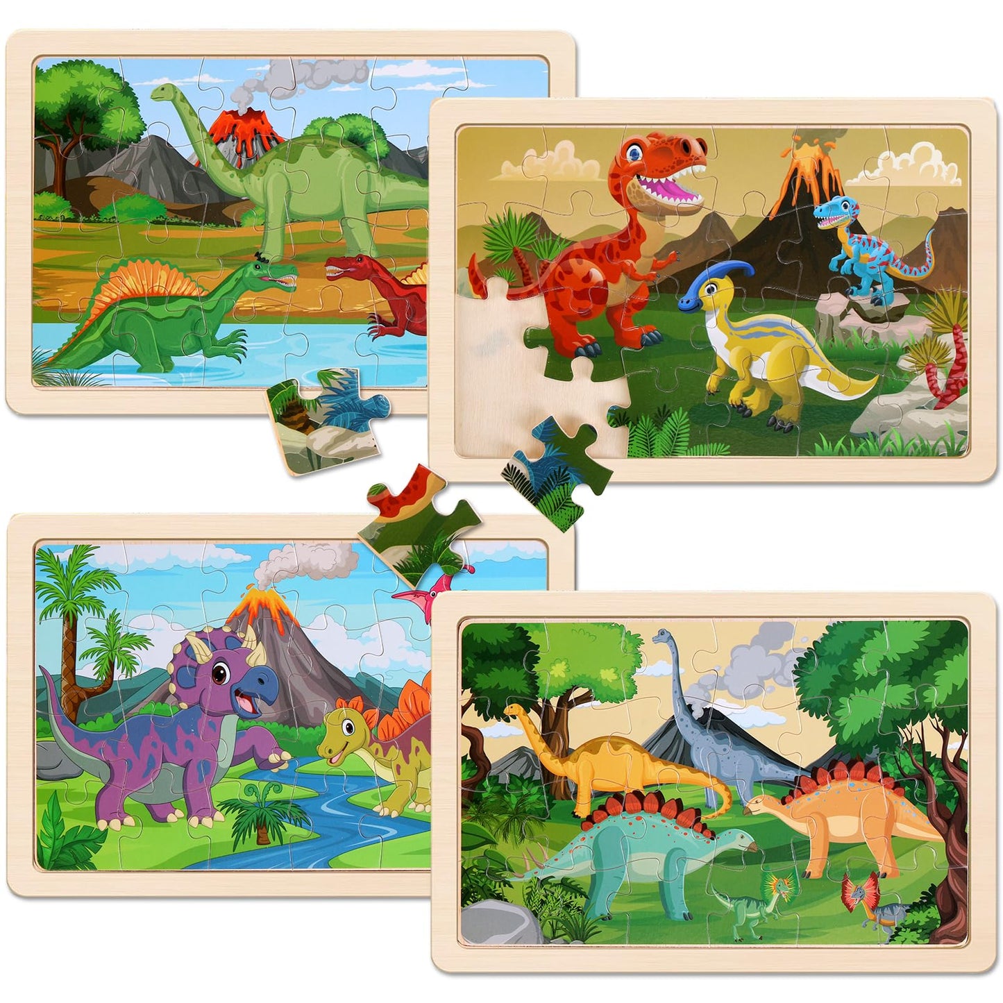 Wooden Puzzles Dinosaur Toys For Kids Ages 3-5, Set Of 4 Packs With 20-Piece Wood Jigsaw Puzzles, Preschool Educational Brain Teaser Boards For Boys And Girls 3 4 5 6 Years Old