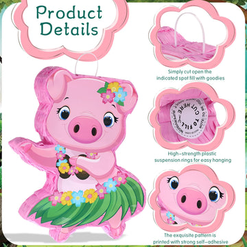 Threan Small Pig Piñata Hawaiian Party Decorations Pink Pig Piñata With Blindfold Stick For Summer Hawaii Aloha Tropical Themed Birthday Party Supplies, 16.5 X 12.4 X 3.1 Inch