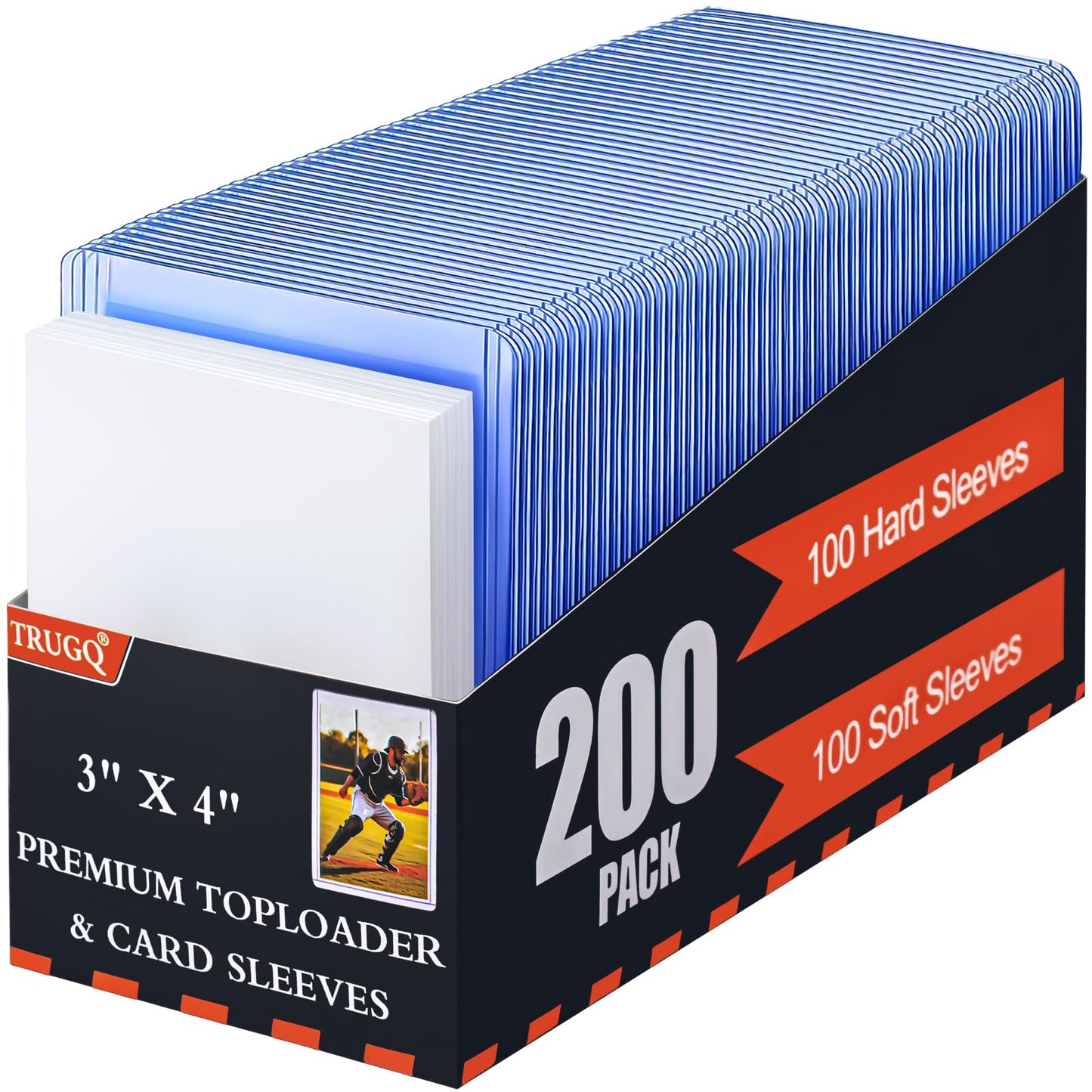 TRUGQ 200 Card Sleeves Toploads for Cards 3 x 4 Baseball Card Protectors enhanced Standard Size Trading Hard Plastic Card Holder for Sports Football Cards(100 Hard Protectors +100 Soft Sleeves)