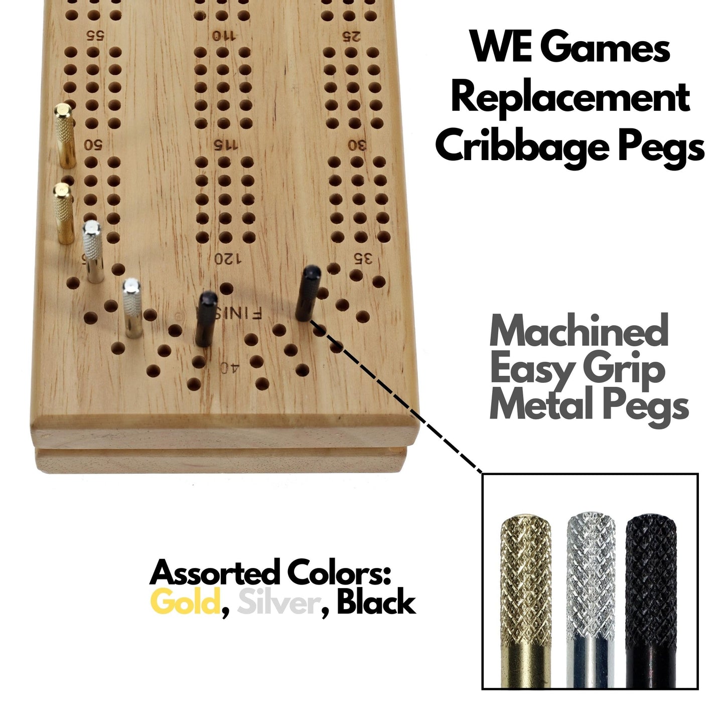 WE Games Cribbage Board Pegs Set of 9 - Metal Machined in Brass, Silver & Black with Travel Pouch - Model 326105