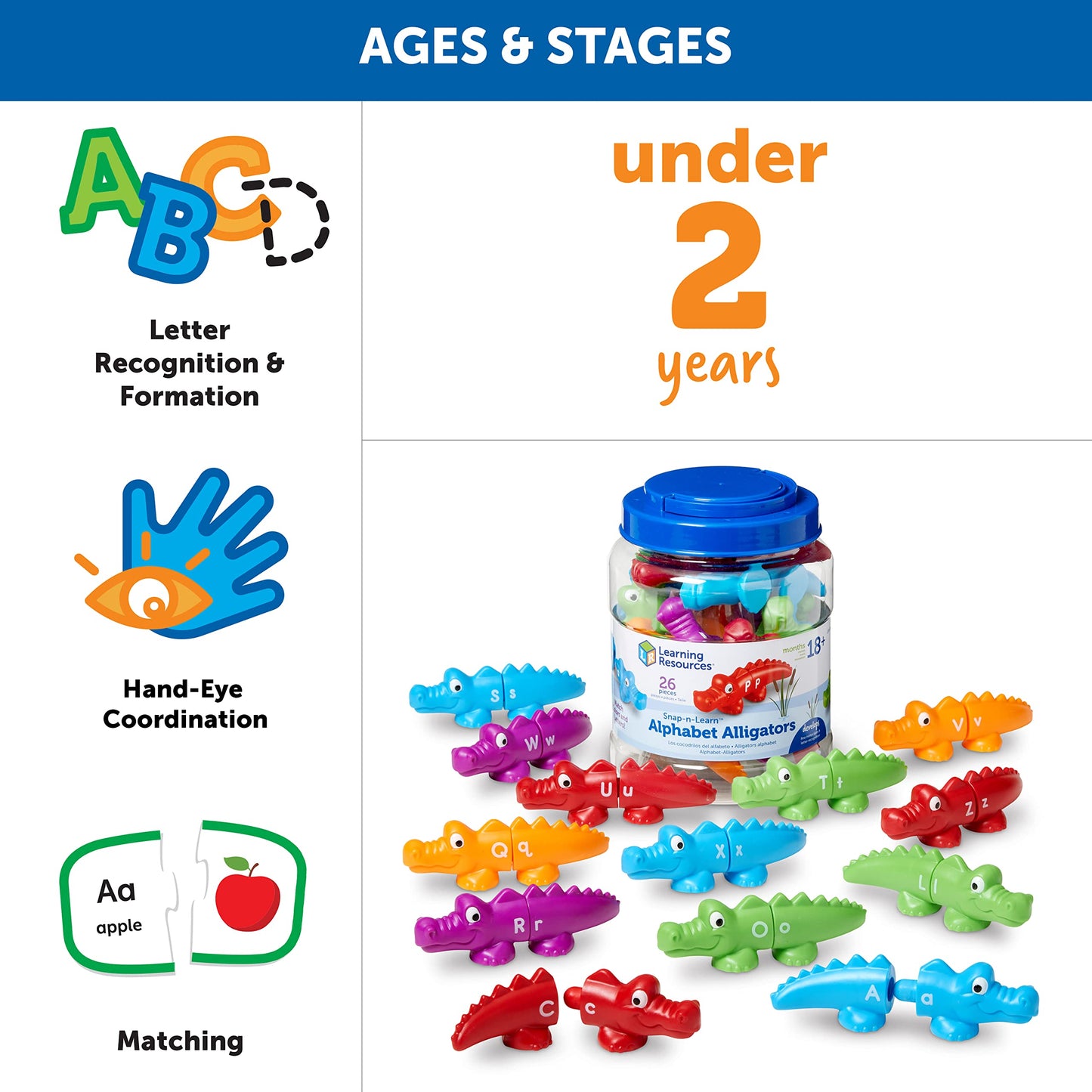 Learning Resources Snap-n-Learn Alphabet Alligators Fine Motor Toy, 26 Double-Sided Pieces, Medium, Multi-color, Model LER6704
