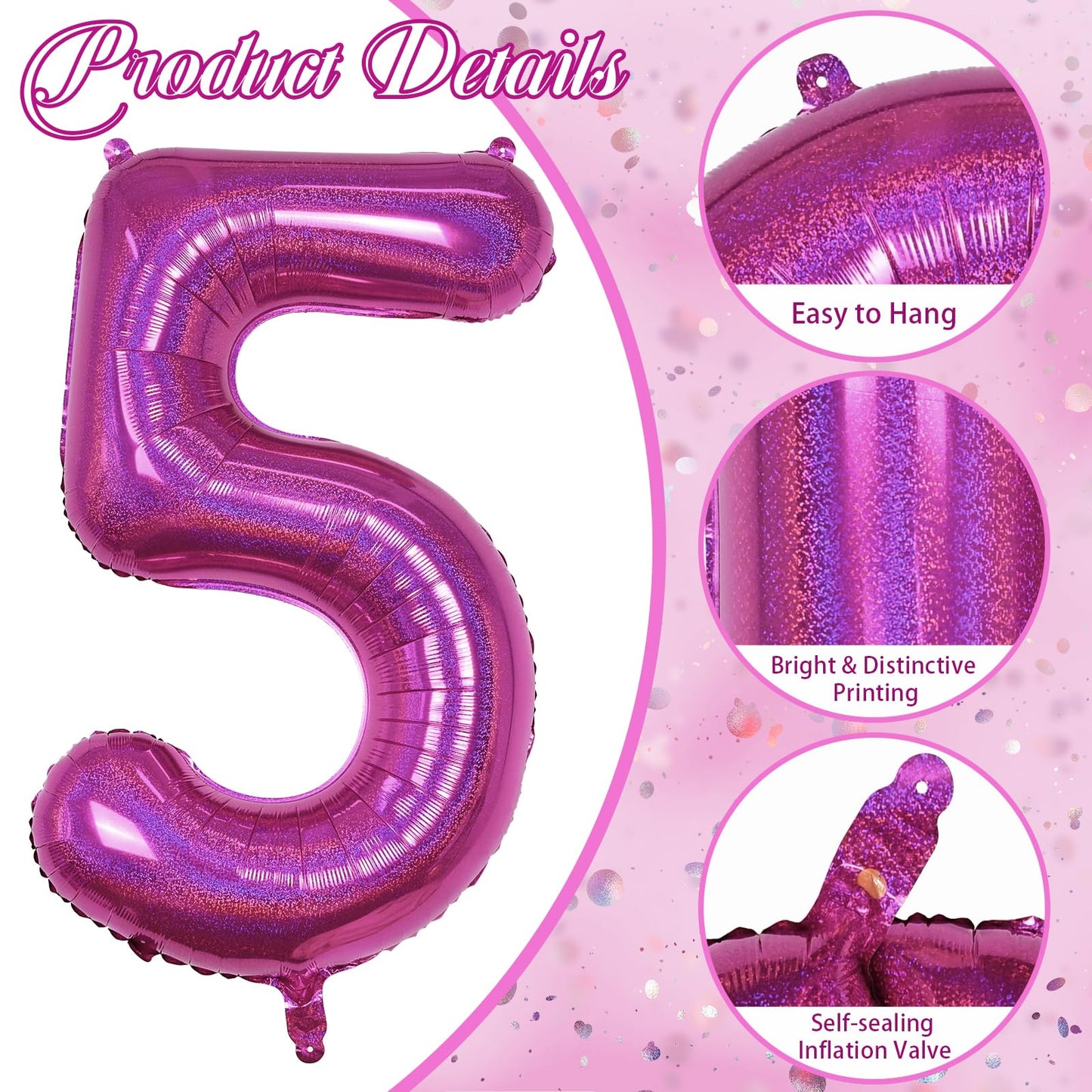 5 Balloons Number Laser Hot Pink, 40 Inch Mylar Number 5 Balloons Self Inflating For Women Anniversary Decor, Giant Foil Helium