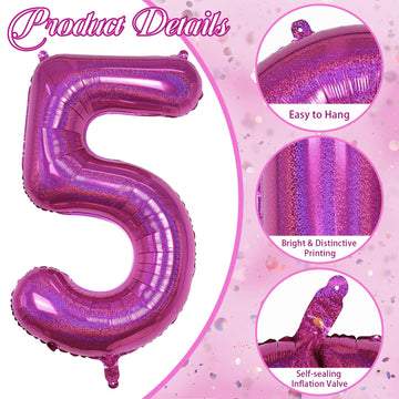 5 Balloons Number Laser Hot Pink, 40 Inch Mylar Number 5 Balloons Self Inflating For Women Anniversary Decor, Giant Foil Helium