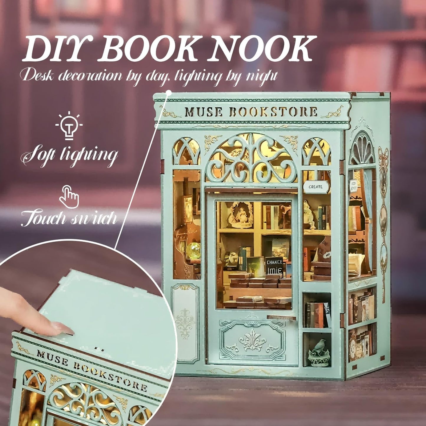 Fsolis Book Nook Kit - DIY Miniature House Kit 3D Puzzles for mature-themeds Beginners Tiny House Mini Booknook Craft Bookshelf Decor  281 Wooden Pieces  Gifts for Women Teenagers Book Lovers (Muse Bookstore)