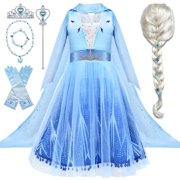 Tacobear 10Pcs Elsa Costume Dress For Girls Kids Toddler Snow Princess Dress Up Clothes For Little Girls With Elsa Accessories Gloves Crown Wands Wig Necklace For 3-4T Kids Christmas Birthday Party
