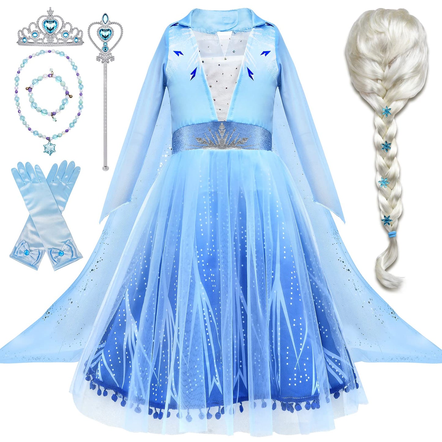 Tacobear 10Pcs Elsa Costume Dress For Girls Kids Toddler Snow Princess Dress Up Clothes For Little Girls With Elsa Accessories Gloves Crown Wands Wig Necklace For 7-8Y Kids Christmas Birthday Party