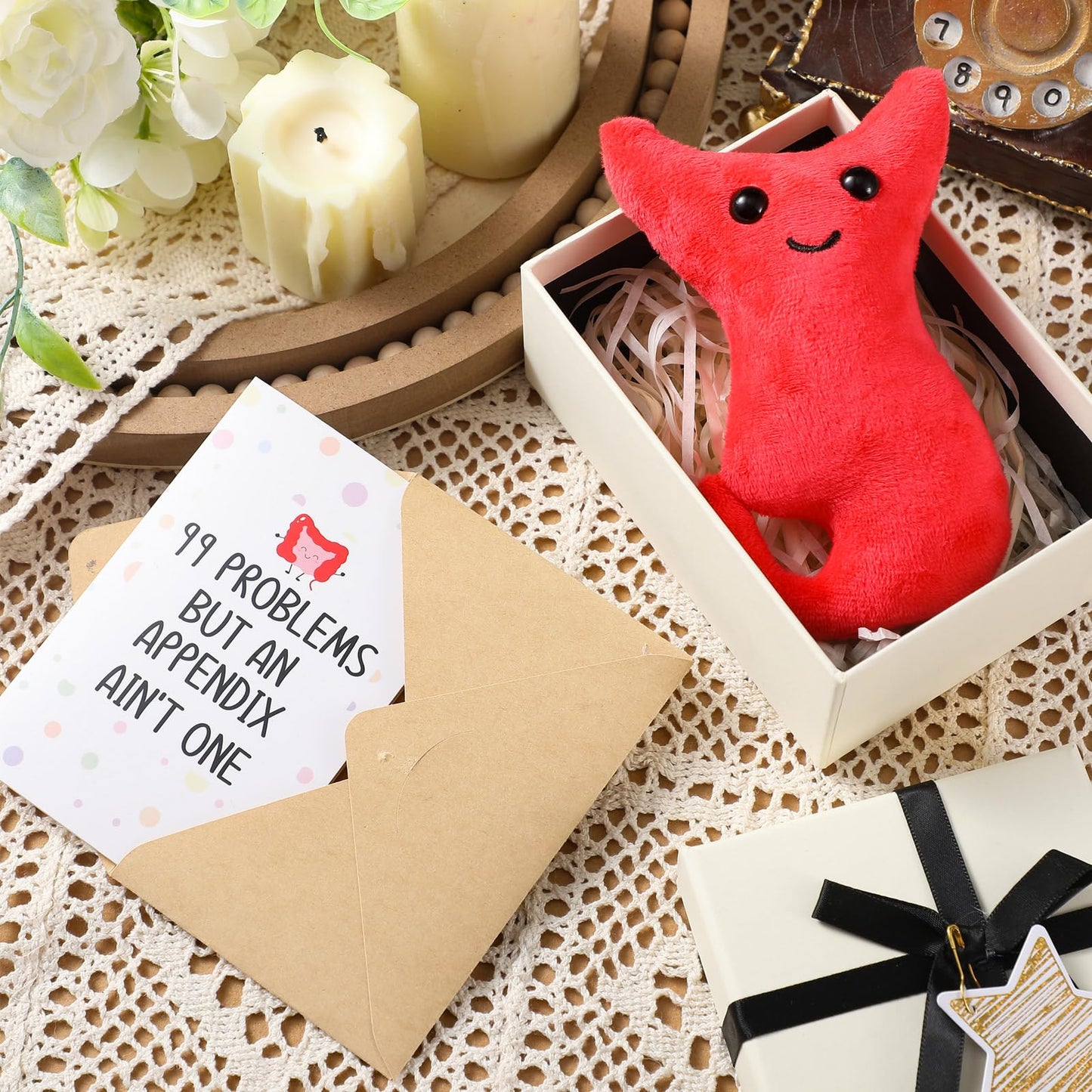 RoundFunny Appendix Surgery Plush Gift Set - 4 Pcs Get Well Cards with Envelope, 5.51"x3.94"x2.36", Fabric & Paper, Beige Box, Model QIR