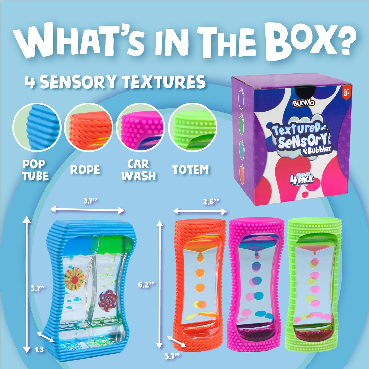 BUNMO Liquid Motion Bubbler Sensory Toy - Calming Fidget Toy for Kids & mature-themeds  Textured Silicone Bubble Timer with Mesmerizing Liquid Flow Sensory Bottles - Large 4 Pack