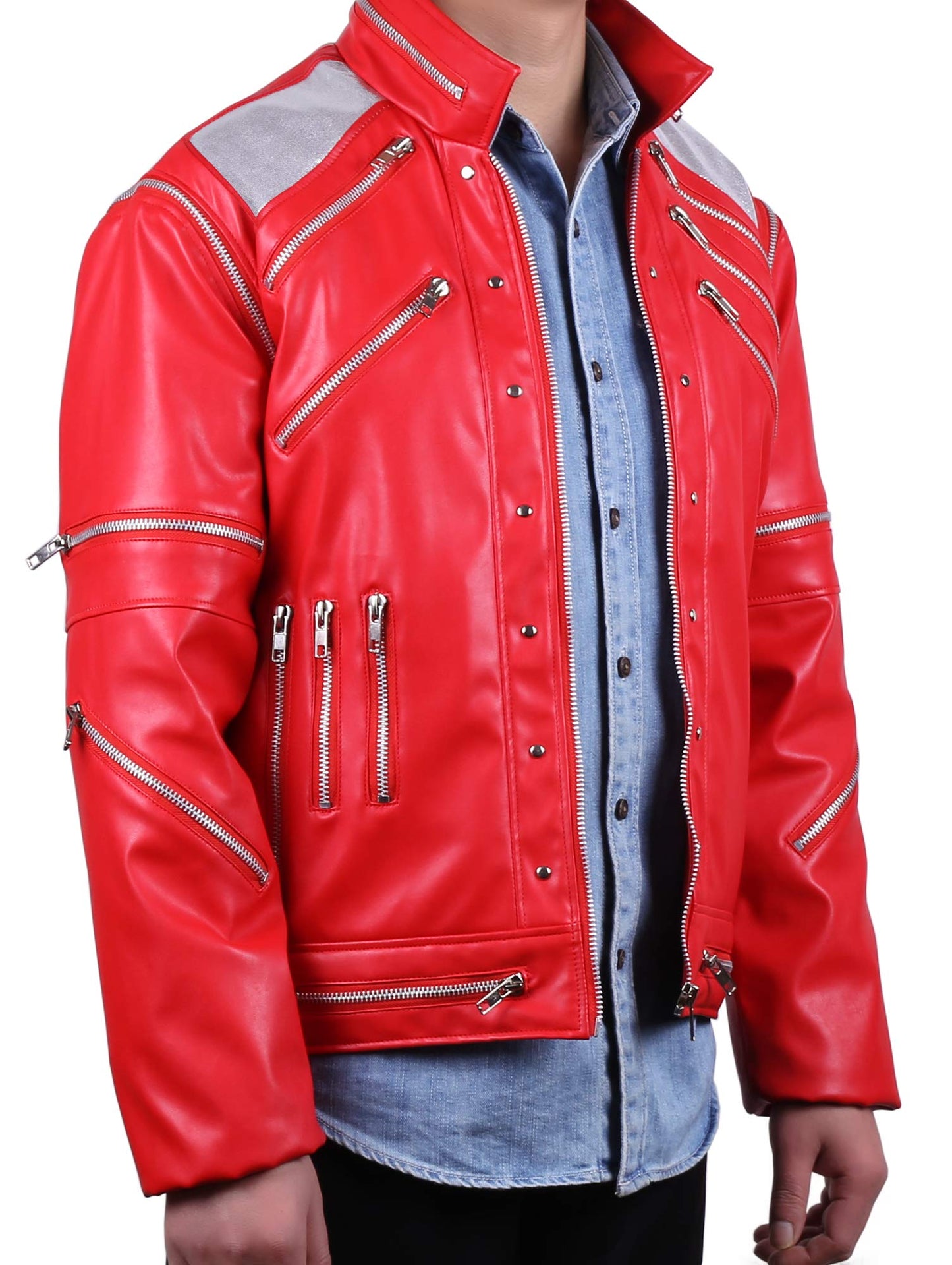 MJB2C Red 80s PU Leather Jacket - Retro Zipper Accent Stage Coat for Cosplay  Halloween & Party - mature-themed X-Small