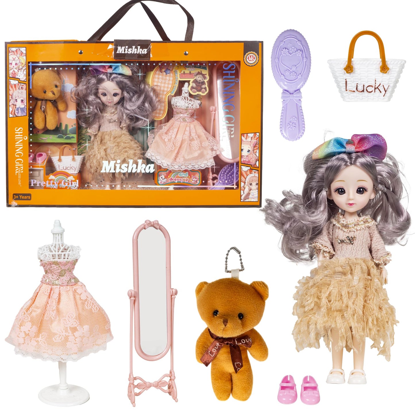 Wishkey Dress Up Doll For Girls With Accessories, Stylish Doll With Long Hair & Flexible Joints, Doll Set With Teddy Key Chain, 