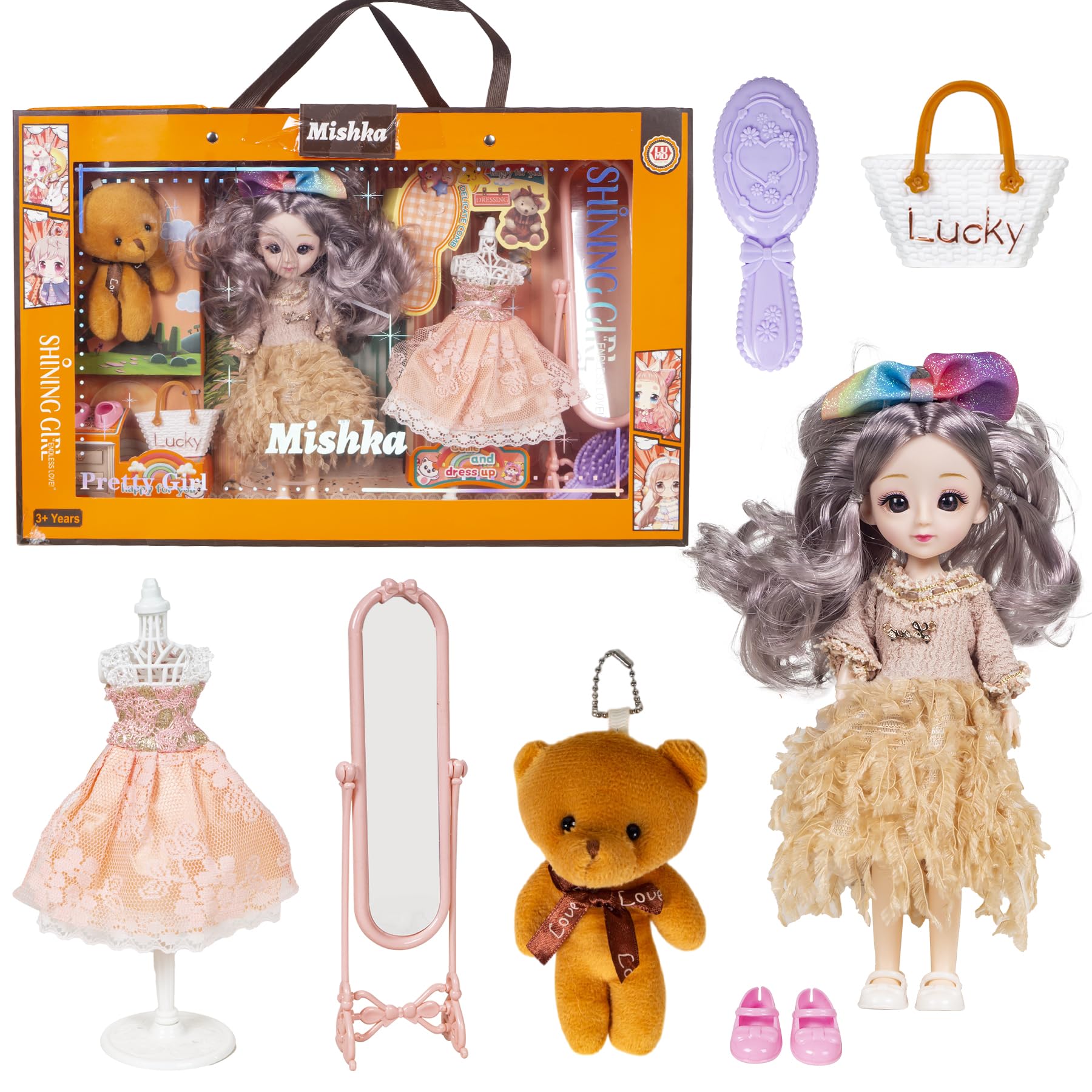 Wishkey Dress Up Doll For Girls With Accessories, Stylish Doll With Long Hair & Flexible Joints, Doll Set With Teddy Key Chain, 