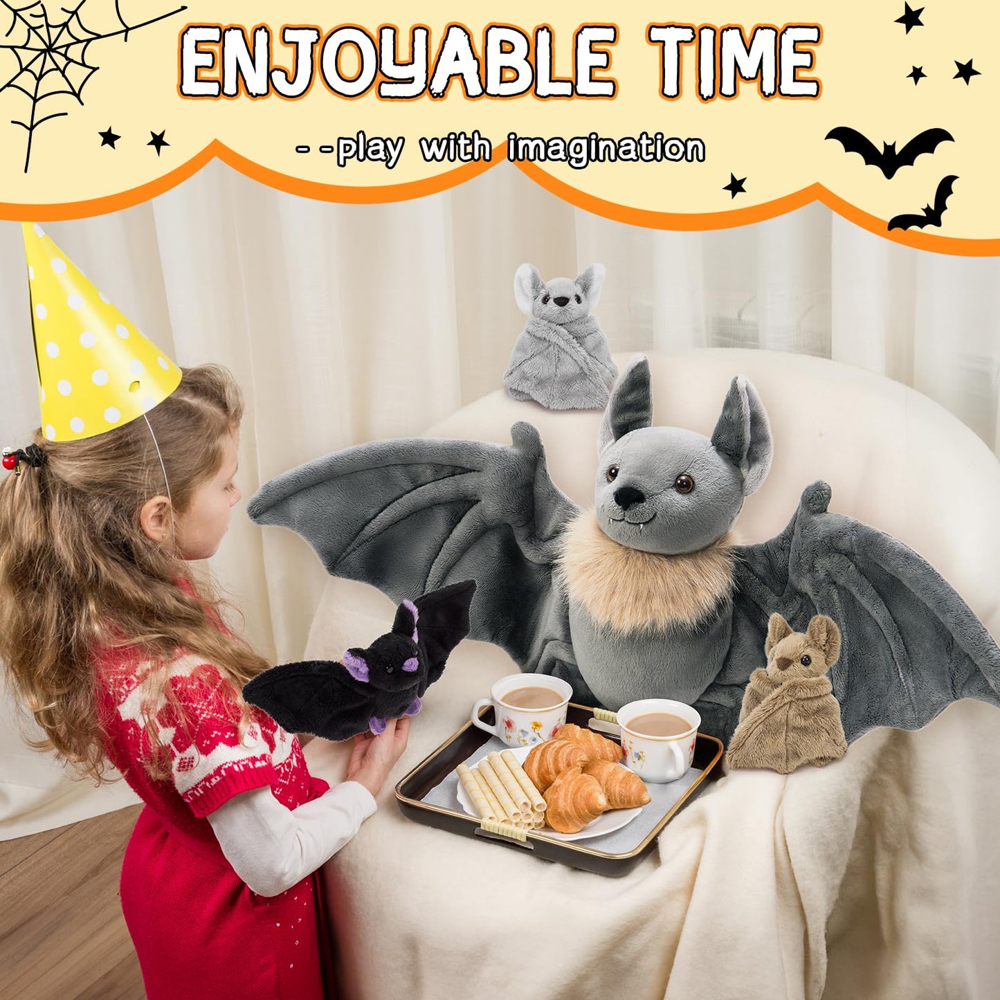 Tezituor Goth Bat Stuffed Animals Set - 32" Gray Plush Toy with 3 Cute Babies, Perfect for Halloween & Christmas Gifts