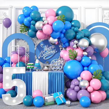 Blue Purple Balloon Arch Garland Kit, Purple Pink Blue Metallic Silver Balloons For Kids Birthday Hawaii Tropical Party Supplies Video Gaming Baby Shower Party Decorations