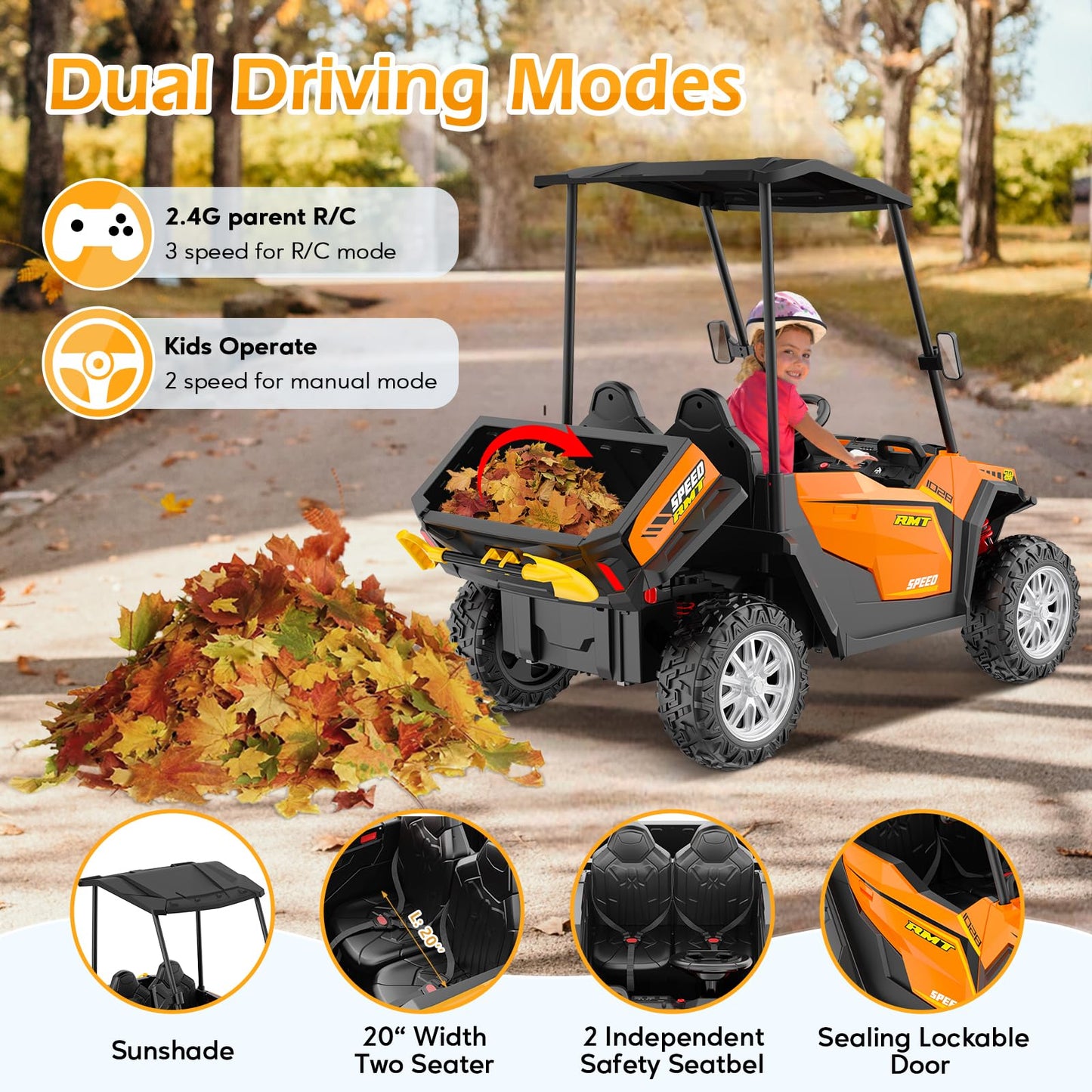 2 Seater Ride on Dump Truck, 24V Ride on Big Toy with Dump Bed for Kids, 800W Electric Vehicle with Music Player, Shovel, LED Li