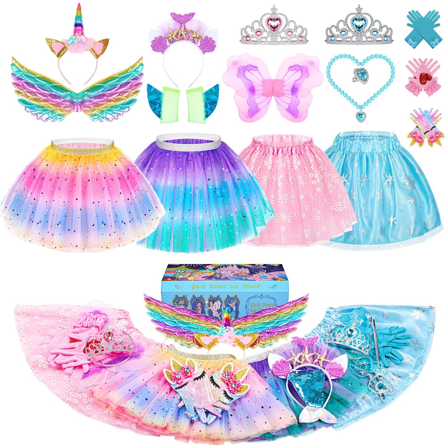 Stopklas Little Girls Dress Up Costume Set, Fairy And Mermaid Princess Dress Up Trunk With Accessories 19Pcs Girls Pretend Play