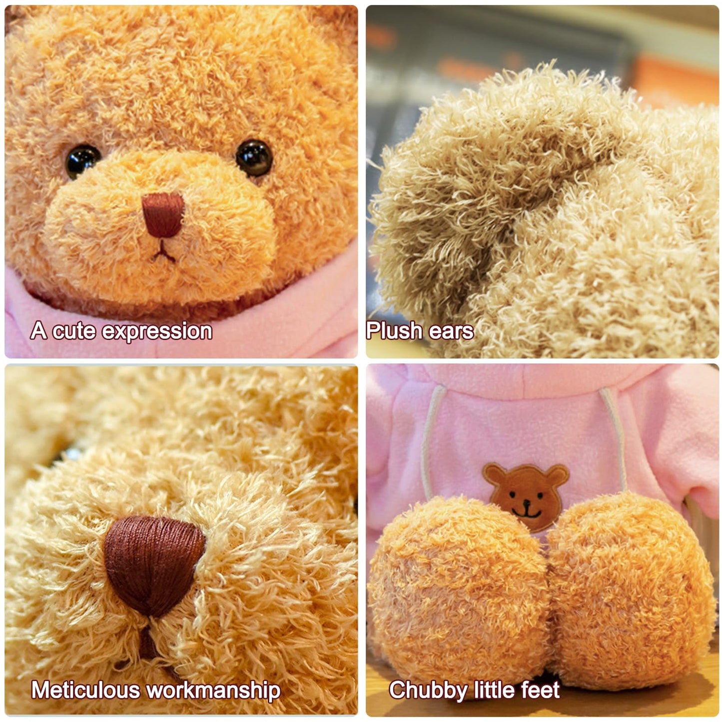 AUCOOMA Teddy Bear Stuffed Animal Cute Teddy Bears Plush Pink Hoodie Gifts for Kids 11.8