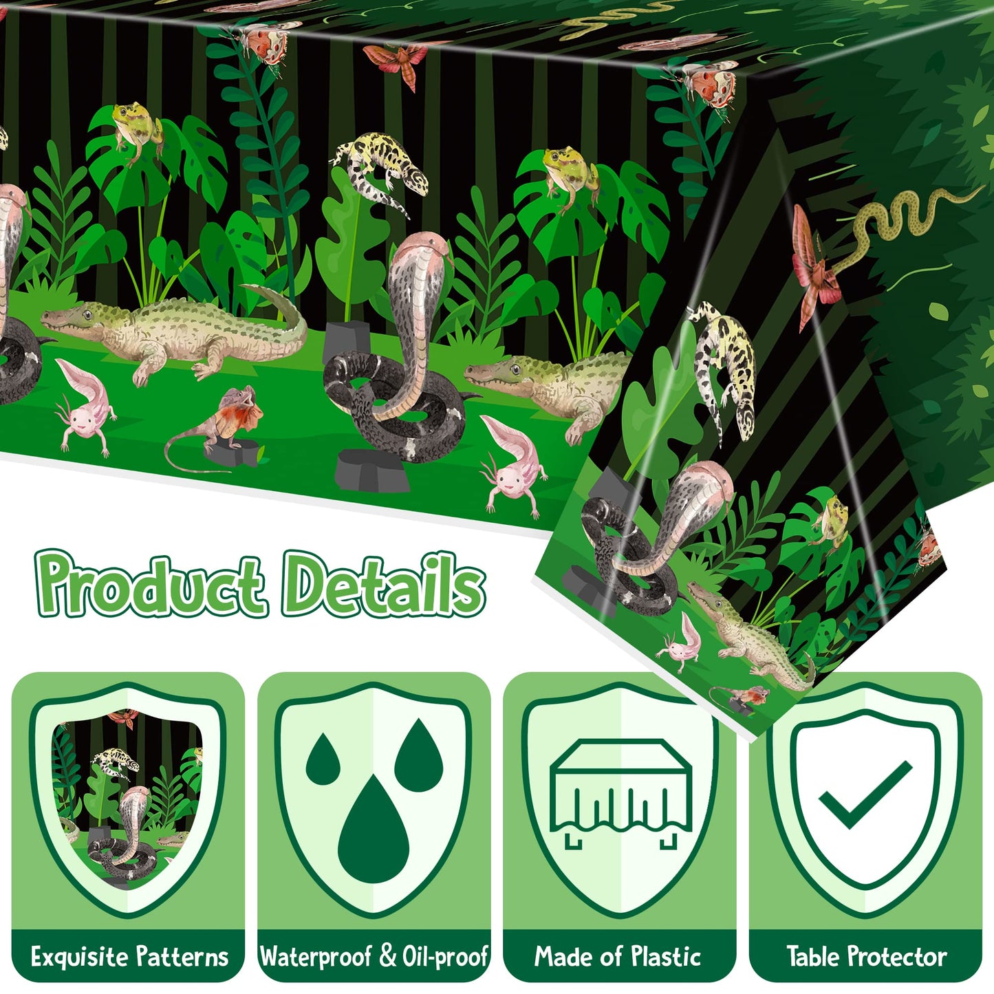 BkeeCten 3Pack Reptile Swamp Party Tablecloth Disposable Wildlife Lizard Snake Rectangle Tablecover Alligator Turtle Jungle Anim