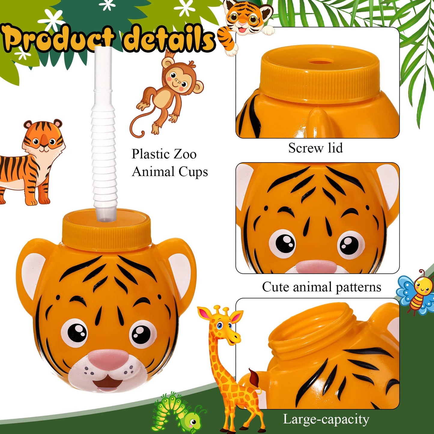 12 Set Zoo Animal Cups with Straws and Lids, 10 oz Plastic Reusable Safari Jungle Animal Theme Party Kids Cups for Elephant, Mon
