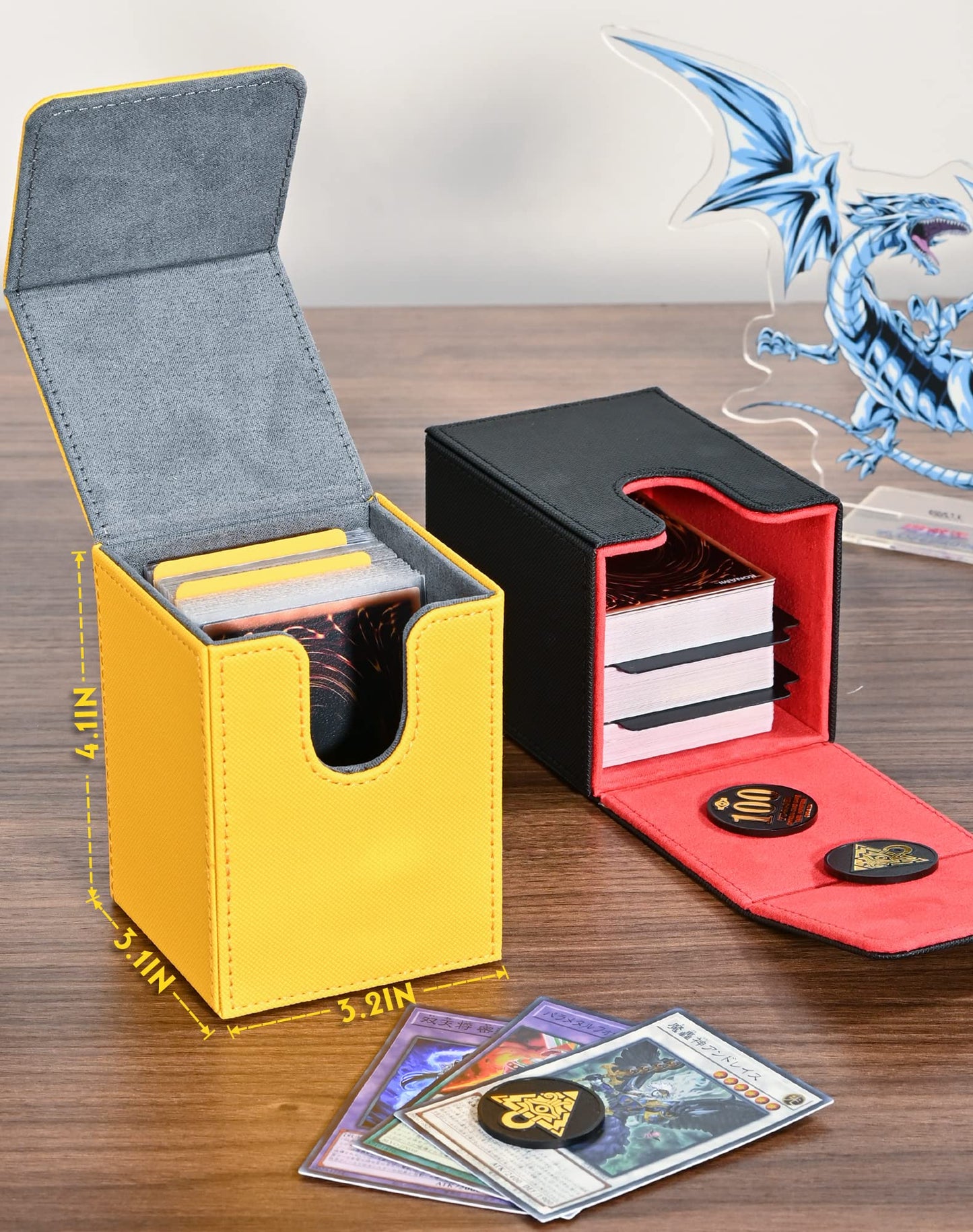Uaono Card Deck Box For Yugioh Mtg, 100+ Deck Case With 2 Dividers Fits Tcg Ccg Ptcg, Pu Leather Strong Magnet Card Storage Box Compatible With Magic Commander Trading Cards (Navy, Sky Dragon)