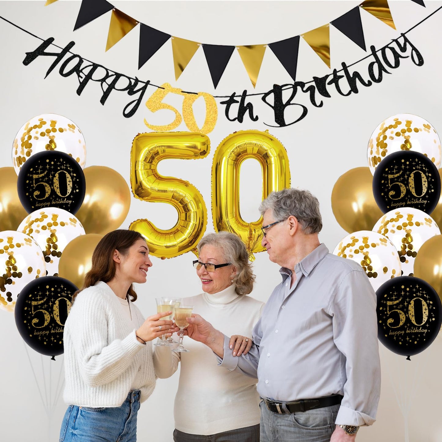 Jobkoo 50Th Birthday Decoration Men, 50Th Birthday Black Gold Latex Balloons Black Happy 50Th Birthday Banners 50 Cake Toppers 5