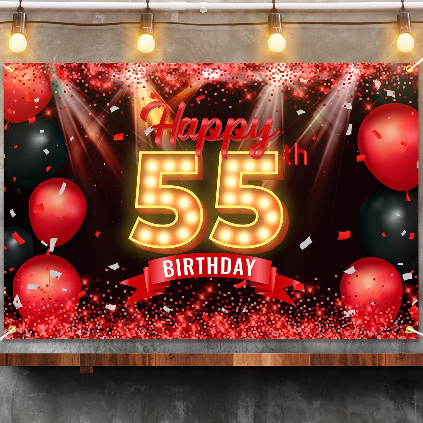 Happy 55th Birthday Banner Backdrop Red and Black 55 Years Old Background Bday Decorations for Women Men Photography Party Suppl