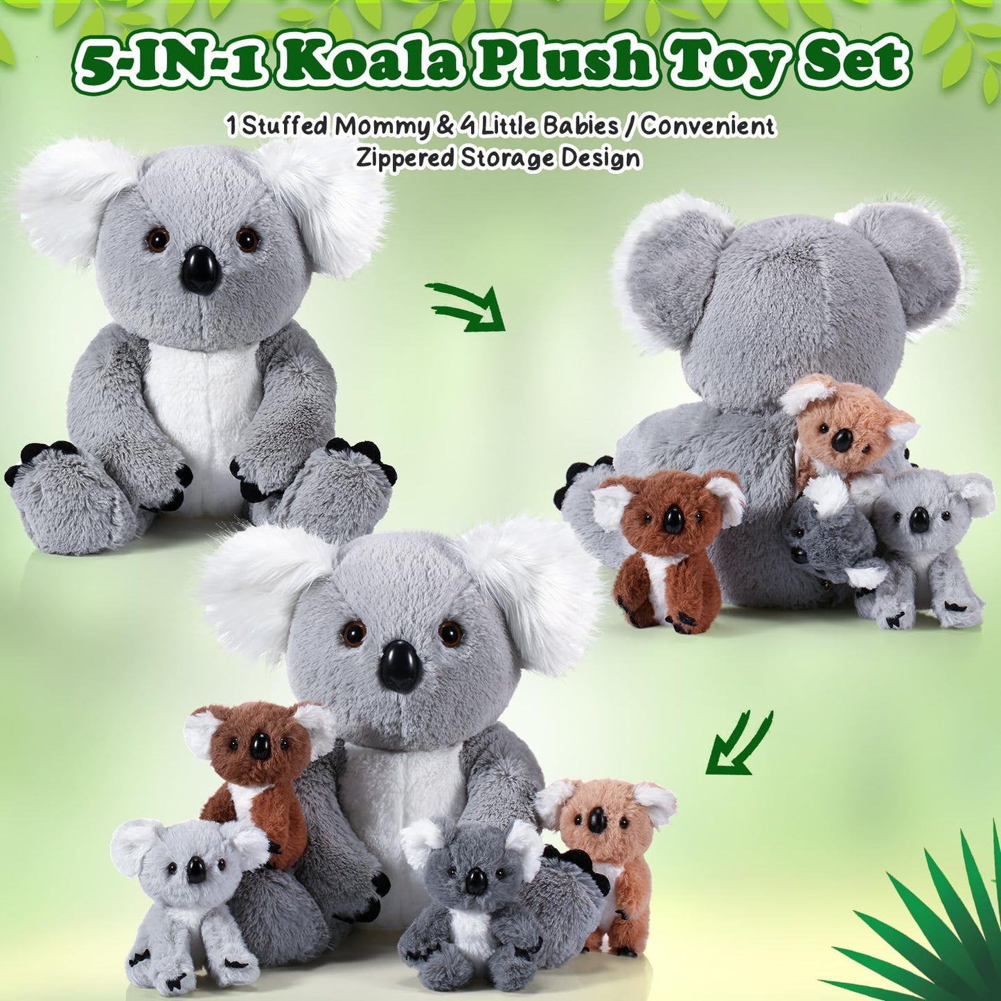 Lenwen 5 Pcs Koala Bear Stuffed Animal Set 12.6 Inch Mommy Koala Plush With 4 Cute Babies In Her Zippered Tummy Soft Cuddly Nursery Koala Plushie For Boys Girls Birthday Baby Shower Party Favor Gifts