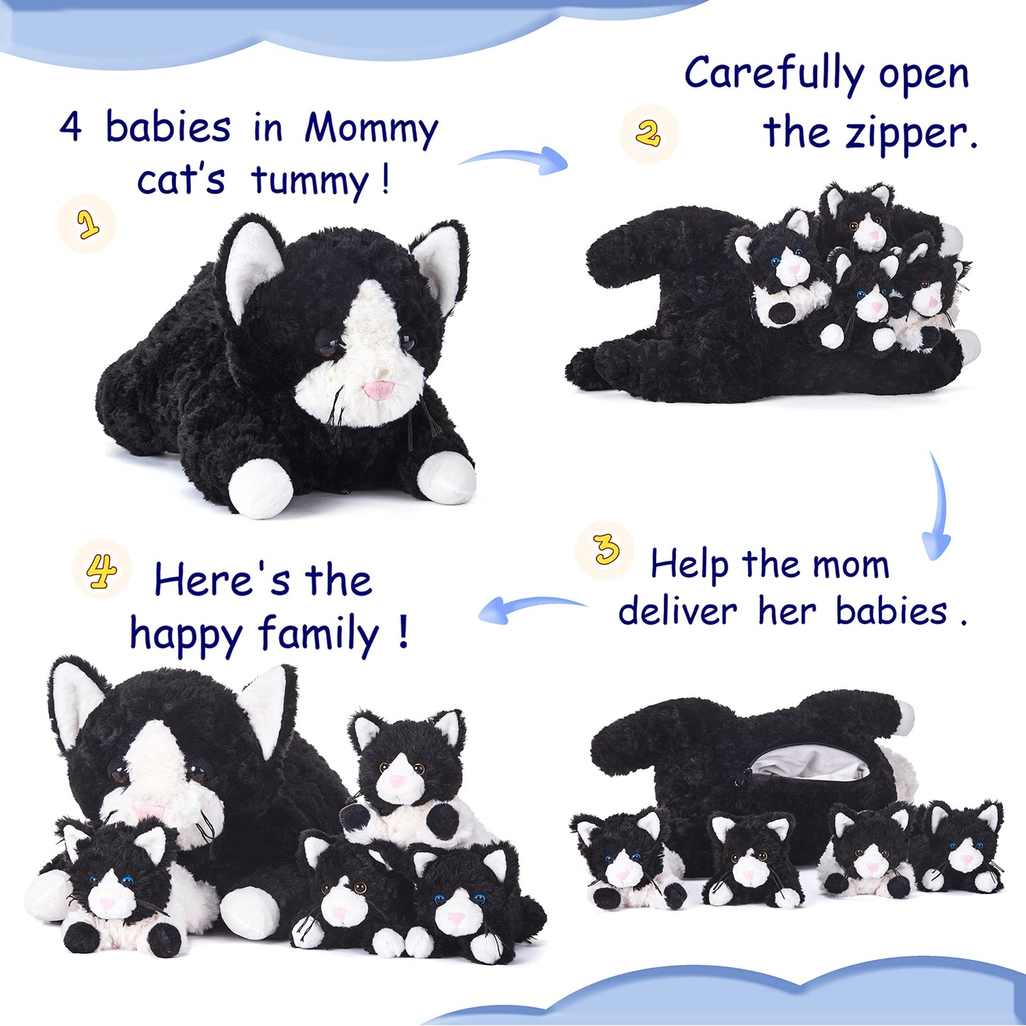 Ikasa Mommy Cat Stuffed Animal Mom And Baby Plush Toy,Cute 16' Soft Cuddly Huggable Toys With Little Mini Babies Kitten,Gifts For Kids Girls Boys