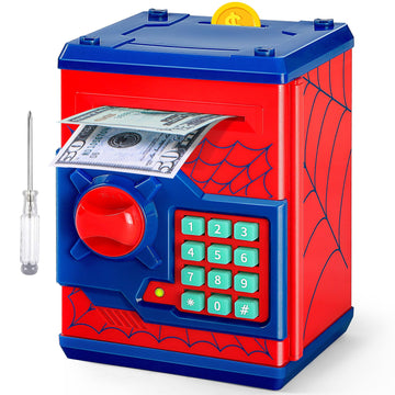 Atm Piggy Bank For Boys Girls, Vcertcpl Mini Atm Coin Bank Money Saving Box With Password, Kids Safe Money Jar For Adults With Auto Grab Bill Slot, Great Gift Toy Bank For Kids S Red