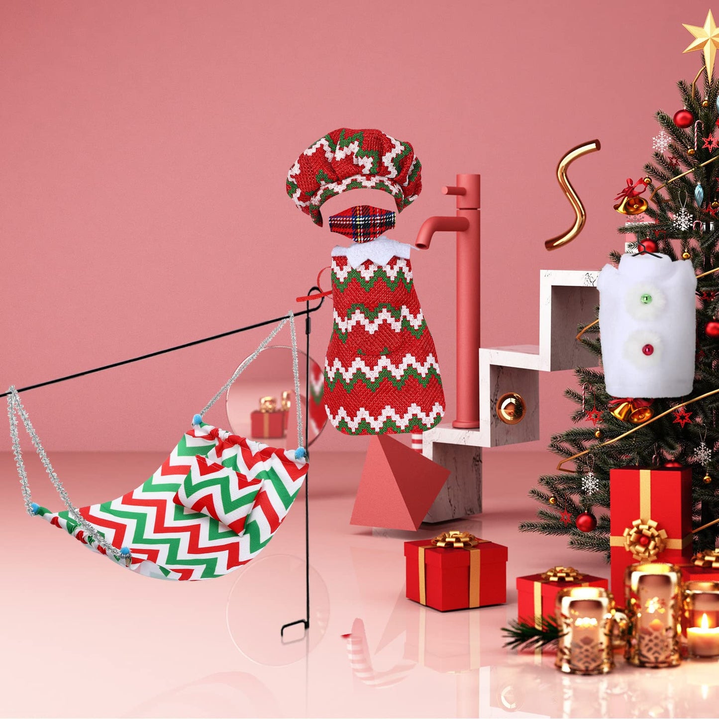 Aoriher 10 Pcs Christmas Elf Doll Accessories Set Includes Elf Doll Clothes Kit Doll Sleeping Bag Bathrobe Apron Chef Hat Hammock Elf Doll Mask For Xmas Elf Doll Costume Outfits(Deer)