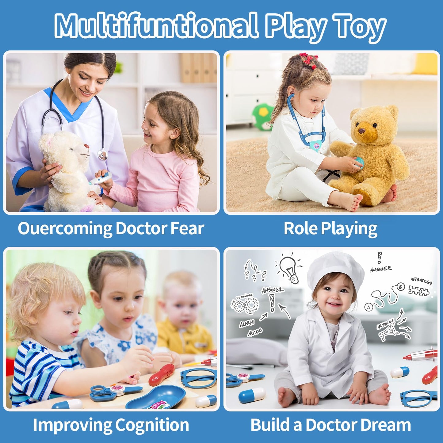 Doctor Kit for Kids Toddlers 3-8, 2 in 1 Kids Doctors Play Set with Costume, Stethoscope and Surgical Light, Pretend Medical Sta