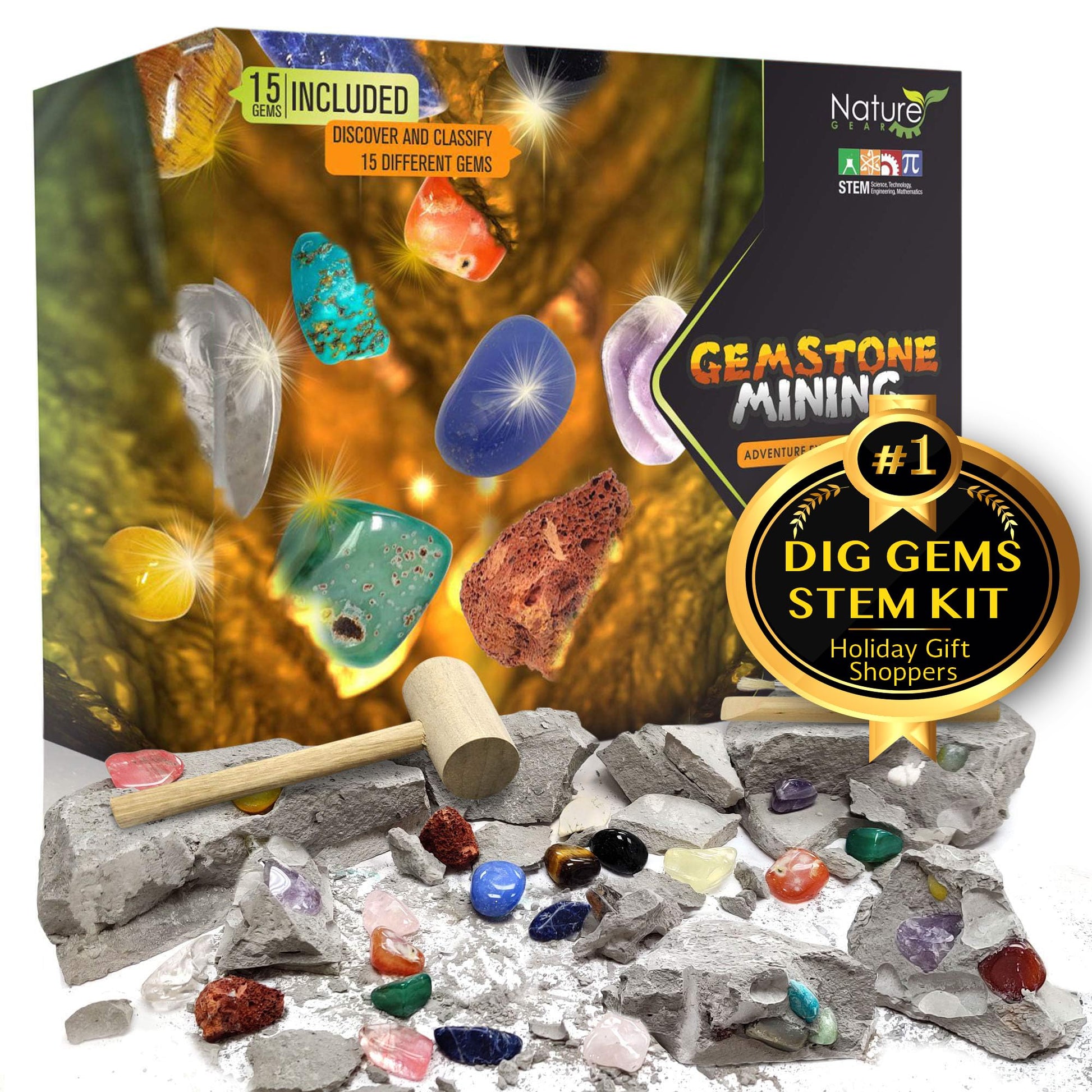 Nature Gear Gemstone Dig Kit For Kids, Educational Crystal Excavation Kit With 15 Mystery Gems, Interactive Adventure Fossil Mining Toy For Kids Age 3-5 And Up