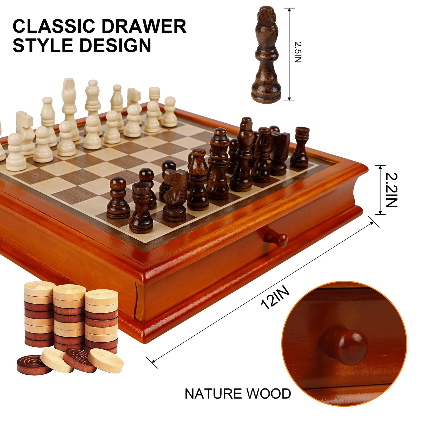 Juegoal 12-Inch Wooden Chess & Checkers Set, Portable Board Game, Brown, Model XQ-CTH with Storage Drawer for Kids & Adults