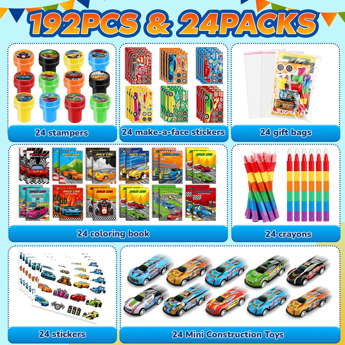 BenLouis 168Pcs Race Car Party Favors Racing Theme Coloring Books Crayons Sticker Set Bulk for Kids Fast Racecar Wheels Birthday