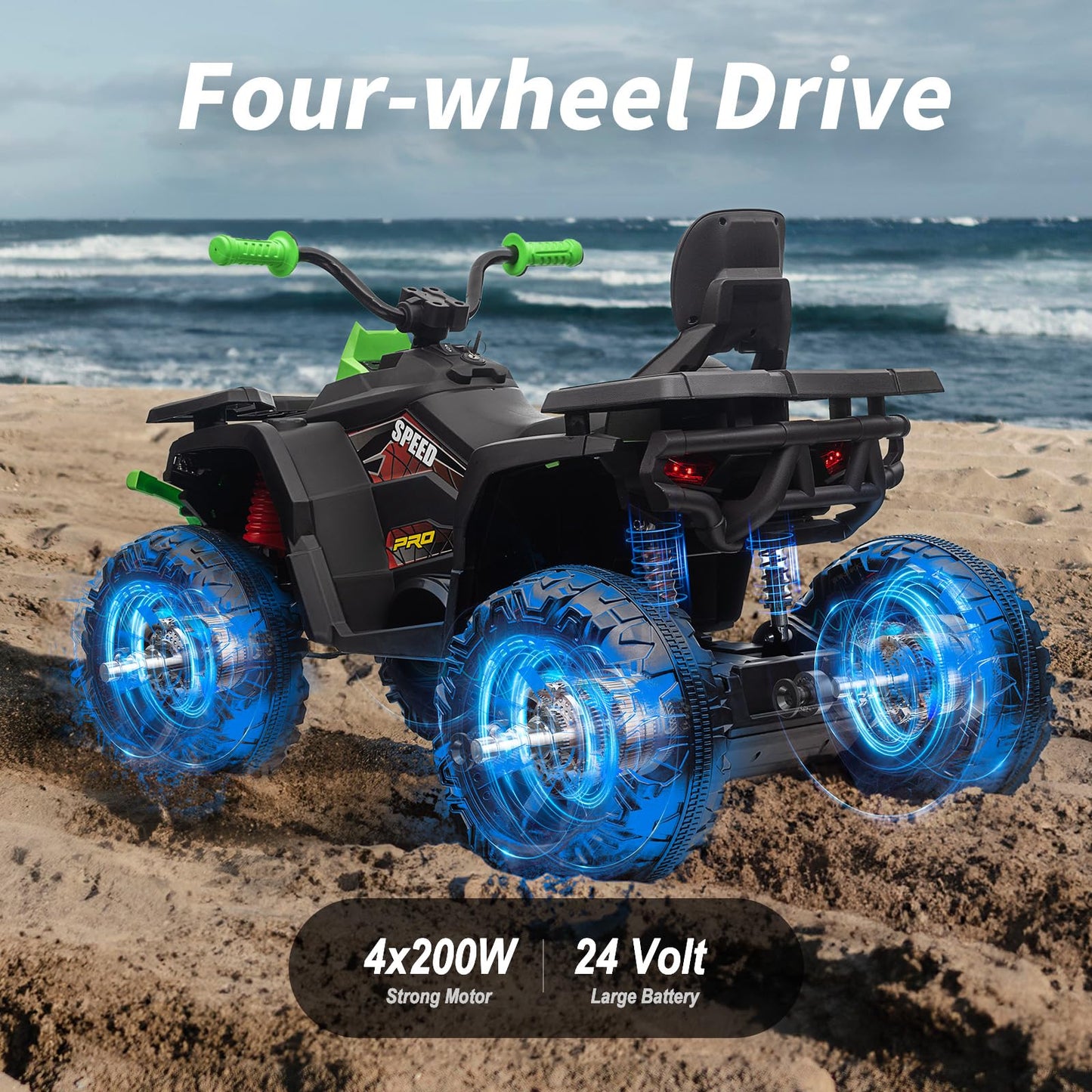 Hikiddo Kids Atv 4 Wheeler, 24V 4Wd Electric Atv Ride On Toy For Big Kid W/ 2-Seater, 4X200W Motor, 5.6Mph Max Speed - Green