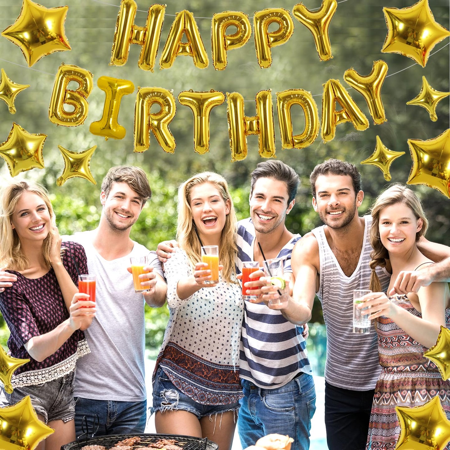 TONIFUL 35PCS Gold Happy Birthday Decorations Kit 16 Inch Happy Birthday Balloon Banner with Star Balloons Mylar Foil Birthday P
