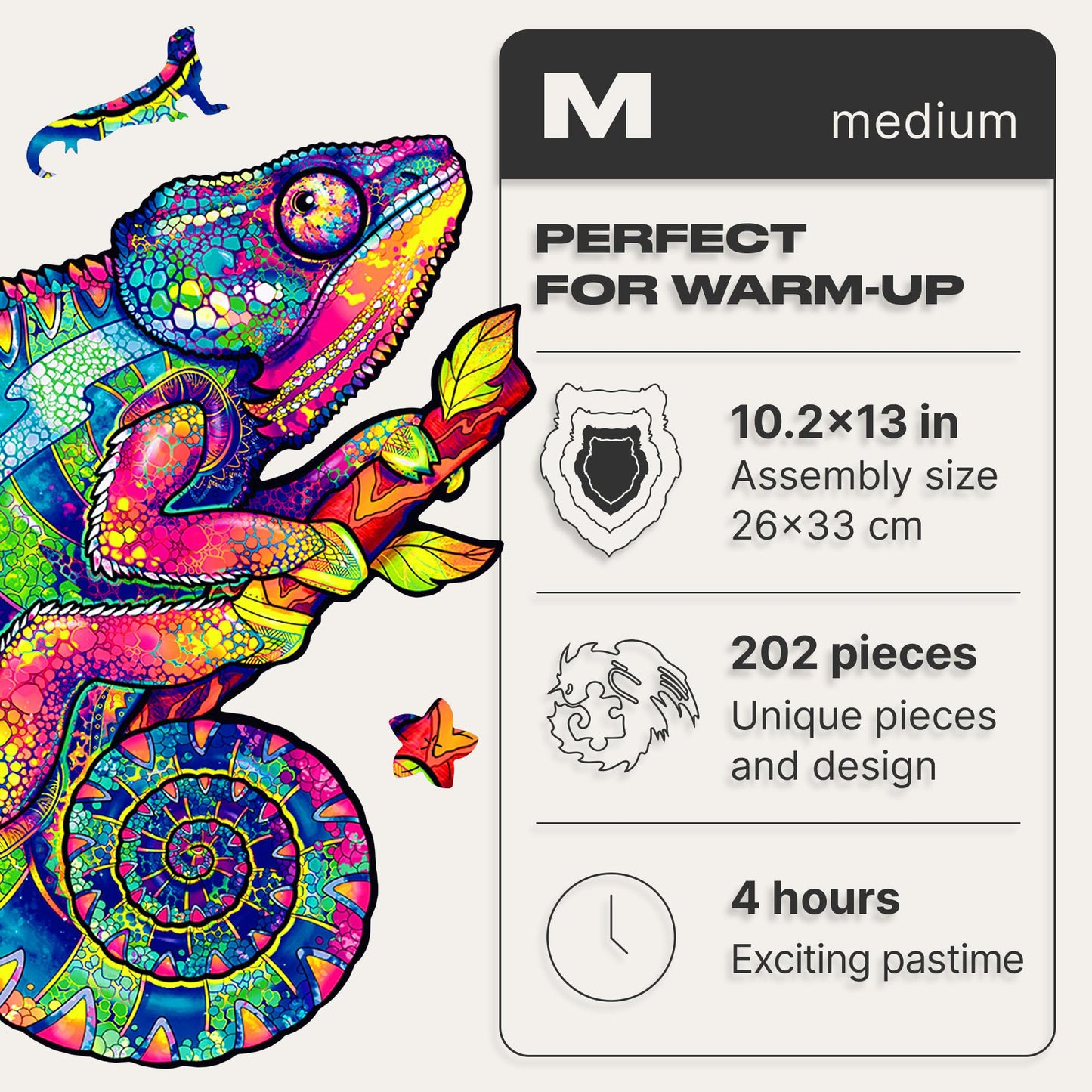 Unidragon Original Wooden Jigsaw Puzzles - Iridescent Chameleon, 202 Pcs, Medium 10.2''X13'', Beautiful Gift Package, Unique Sha