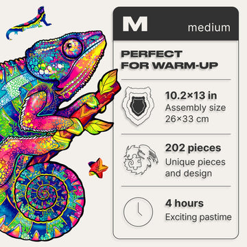 Unidragon Original Wooden Jigsaw Puzzles - Iridescent Chameleon, 202 Pcs, Medium 10.2''X13'', Beautiful Gift Package, Unique Sha