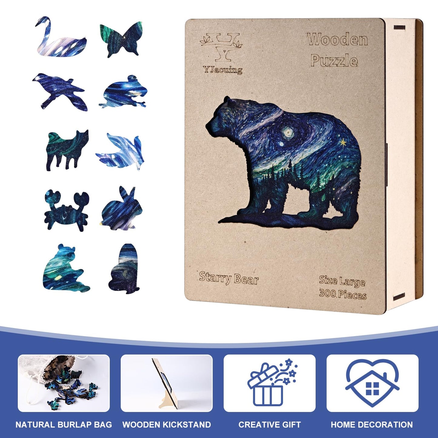 Yjacuing Wooden Jigsaw Puzzles For Adults, 300 Piece Unique Animal Shaped Premium 5Mm Wood Puzzles Family Game (Starry Bear, Lar