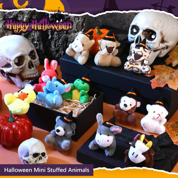 Blueweenly 12 Pcs Mini Halloween Stuffed Animal Toys - Small Animal Plush Key Chains With Black Witch Hat - Tiny Halloween Theme