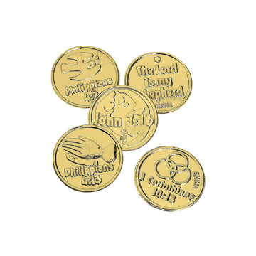 Fun Express Religious Bible Verse Gold Coins - 144 Pieces - Sunday School Supplies and VBS Prizes - VBS Vacation Bible School Su