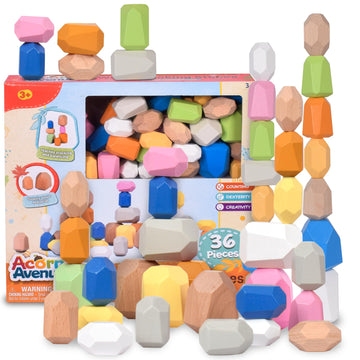 Acorn Avenue 36 Pcs Wooden Bright Earth Color Sorting Stacking Rocks Stones,Sensory Toddler Toys Learning Montessori Toys, Build