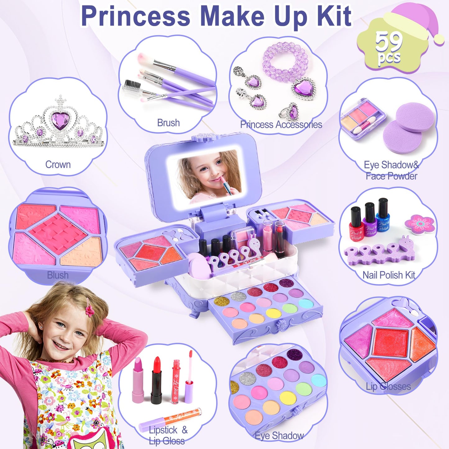 Kids Makeup Kit for Girl with 3-Color LED Lighted Makeup Mirror, DAUXONE  59 Pcs Makeup Set for Girls,Real & Washable Kids Makeu