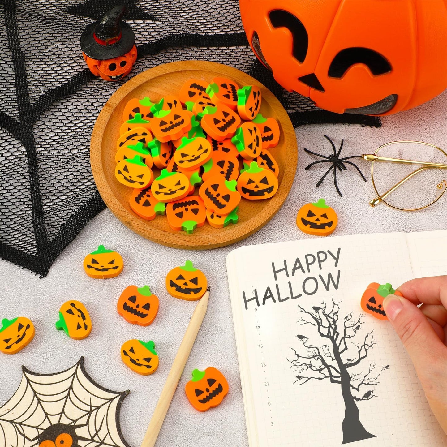 JUNEBRUSHS 65 Pcs Halloween Erasers, Large Cute Halloween Eraser Bulk for Kids Halloween Party Favors Cute Pumpkin Pencil Eraser