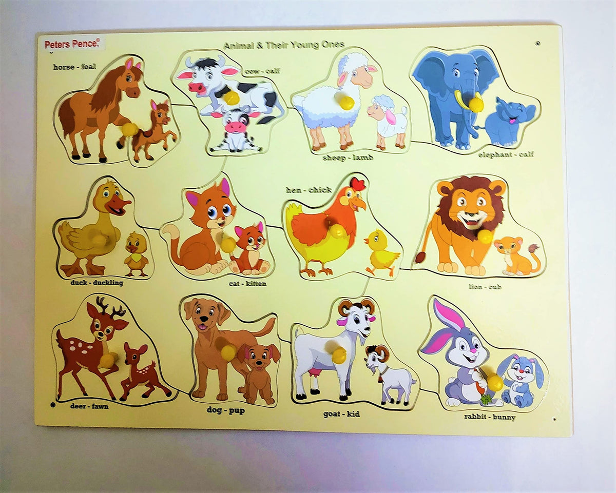 PETERS PENCE Wooden MultiColor 12 SET of ANIMAL PUZZLE LEARNING BOARD with THEIR YOUNG ONES