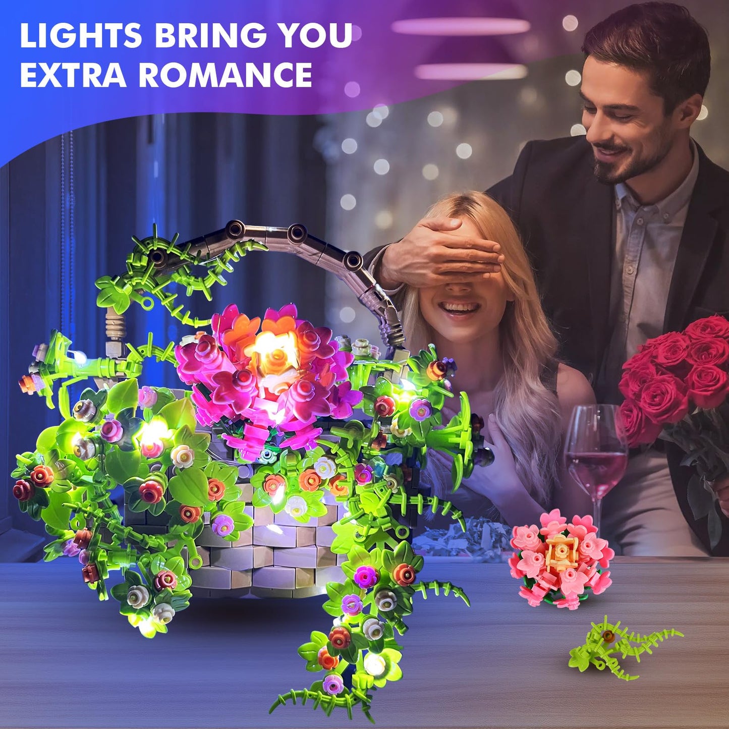 ZQJKLE Flower Basket Building Set with LED String Light  Flower Bouquet Building Blocks Wall Decor for Boys Girls Age 3+  Teen  mature-themed  Gift for Mother's Day  Christmas etc.