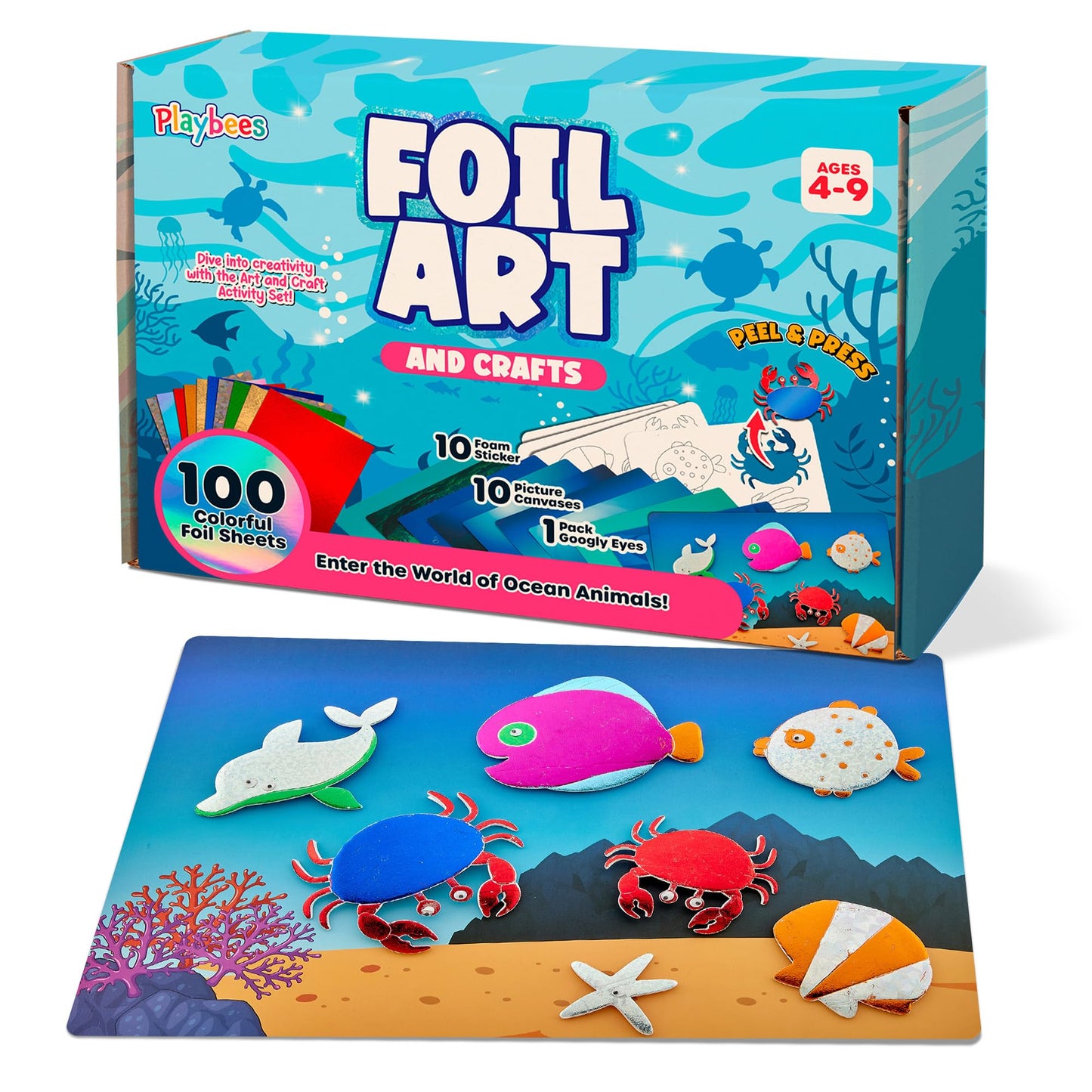 Playbees Press and Peel Foil Kit Sea Animals - Preschool Arts and Crafts Kit for Kids- No Mess Art for Boys & Girls Ages 4, 5, 6