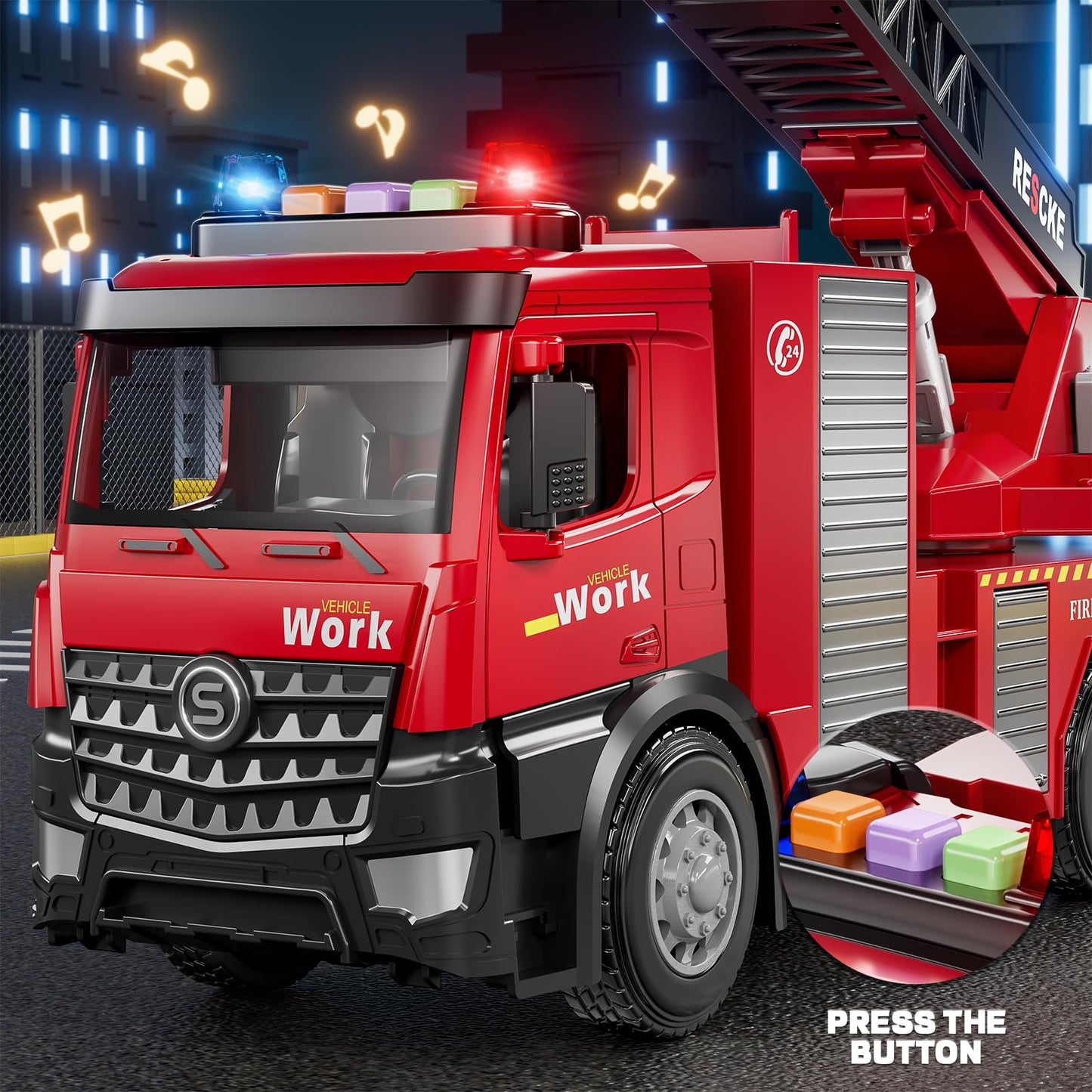Beby Buty Toddlers Toys for Ages 3-5, Fire Truck with Ladder Toys for Toddlers Boys Girls, Lights & Realistic Sounds, Fire Truck