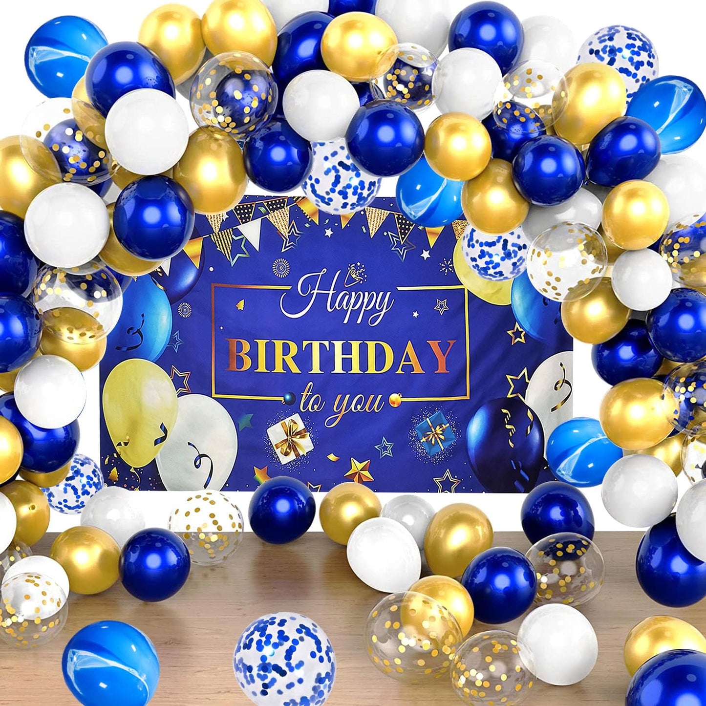 YinQin 63 PCS Navy Blue Gold Birthday Party Balloons & Backdrops, Aluminum Foil, Happy Birthday Decorations, Model PB-1002BG-P