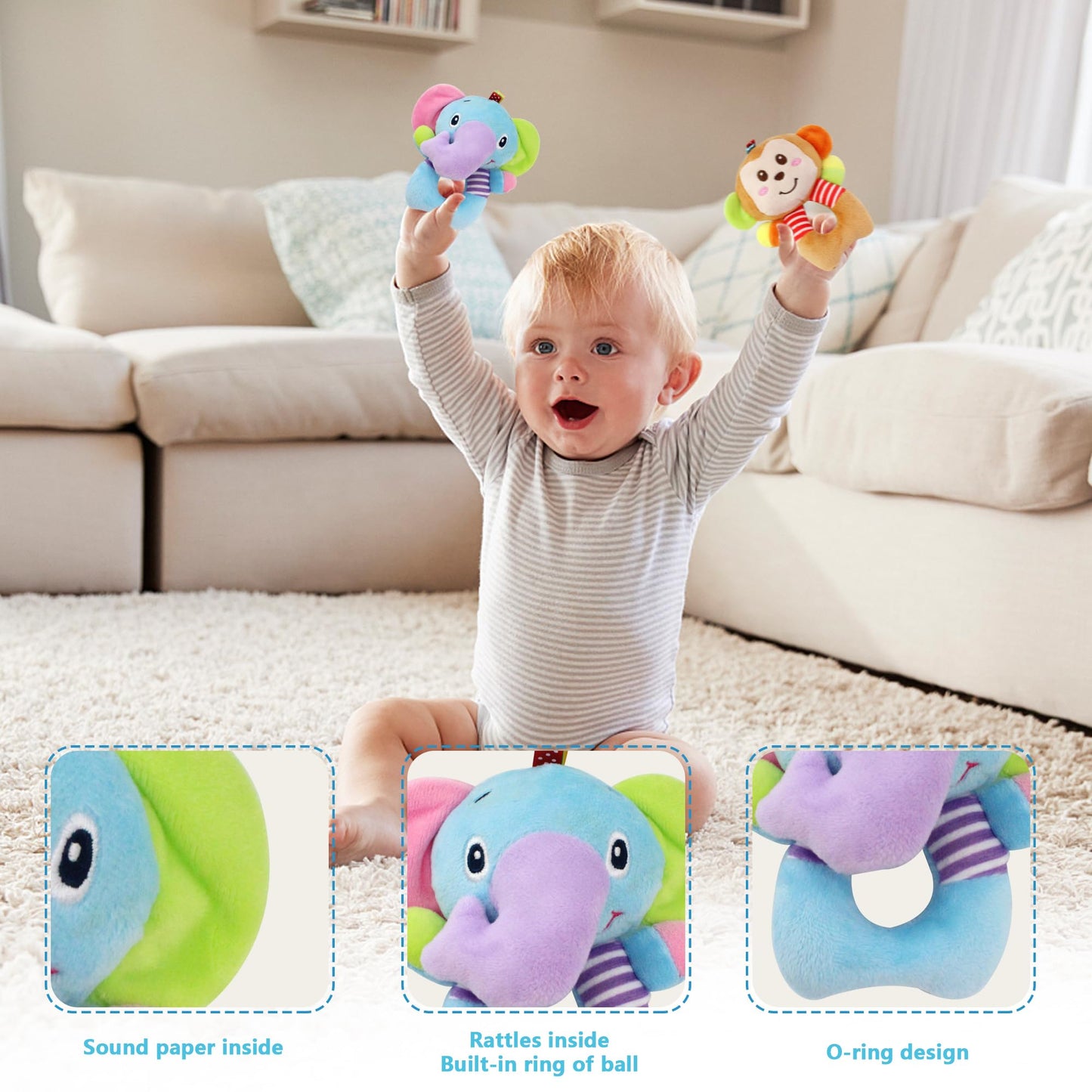 Baby Car Seat Toys, Infant Soft Plush Rattle, Cute Animal Doll,Early Development Hanging Stroller Toys for Newborn Boys Girls Gi