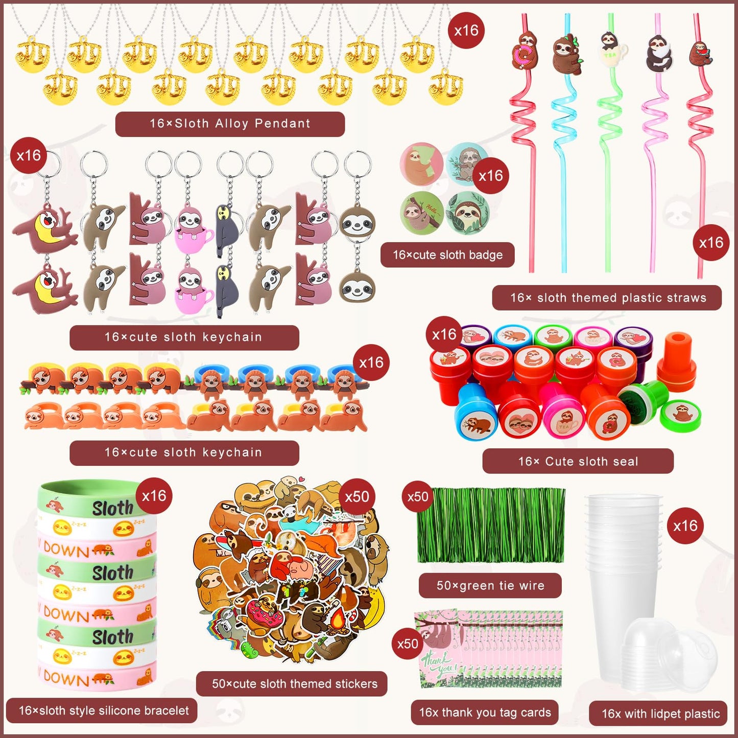 Chivertion 195 Pcs Sloth Birthday Party Favors for 16 Kids Include Keychain Necklace Silicone Bracelet Ring Badge Stamp Sticker